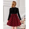 Arshiner Girls Dresses Puff Long Sleeve Rib Knit Plaid Patchwork Belted Holiday Dress with Pockets(Black / Red Plaid)