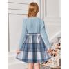 Arshiner Girls Dresses Puff Long Sleeve Rib Knit Plaid Patchwork Belted Holiday Dress with Pockets(Blue Plaid)
