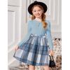 Arshiner Girls Dresses Puff Long Sleeve Rib Knit Plaid Patchwork Belted Holiday Dress with Pockets(Blue Plaid)