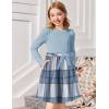 Arshiner Girls Dresses Puff Long Sleeve Rib Knit Plaid Patchwork Belted Holiday Dress with Pockets(Blue Plaid)