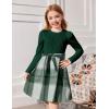 Arshiner Girls Dresses Puff Long Sleeve Rib Knit Plaid Patchwork Belted Holiday Dress with Pockets(Green Plaid)