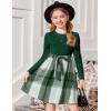 Arshiner Girls Dresses Puff Long Sleeve Rib Knit Plaid Patchwork Belted Holiday Dress with Pockets(Green Plaid)