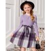 Arshiner Girls Dresses Puff Long Sleeve Rib Knit Plaid Patchwork Belted Holiday Dress with Pockets(Lavender Plaid)