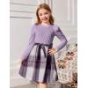 Arshiner Girls Dresses Puff Long Sleeve Rib Knit Plaid Patchwork Belted Holiday Dress with Pockets(Lavender Plaid)