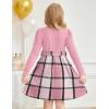 Arshiner Girls Dresses Puff Long Sleeve Rib Knit Plaid Patchwork Belted Holiday Dress with Pockets(Pink Plaid)