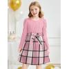 Arshiner Girls Dresses Puff Long Sleeve Rib Knit Plaid Patchwork Belted Holiday Dress with Pockets(Pink Plaid)