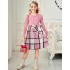 Arshiner Girls Dresses Puff Long Sleeve Rib Knit Plaid Patchwork Belted Holiday Dress with Pockets(Pink Plaid)