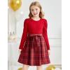 Arshiner Girls Dresses Puff Long Sleeve Rib Knit Plaid Patchwork Belted Holiday Dress with Pockets(Red Plaid)