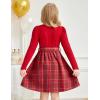Arshiner Girls Dresses Puff Long Sleeve Rib Knit Plaid Patchwork Belted Holiday Dress with Pockets(Red Plaid)