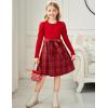 Arshiner Girls Dresses Puff Long Sleeve Rib Knit Plaid Patchwork Belted Holiday Dress with Pockets(Red Plaid)