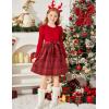Arshiner Girls Dresses Puff Long Sleeve Rib Knit Plaid Patchwork Belted Holiday Dress with Pockets(Red Plaid)