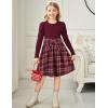 Arshiner Girls Dresses Puff Long Sleeve Rib Knit Plaid Patchwork Belted Holiday Dress with Pockets(Red Wine Plaid)