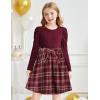 Arshiner Girls Dresses Puff Long Sleeve Rib Knit Plaid Patchwork Belted Holiday Dress with Pockets(Red Wine Plaid)