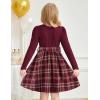 Arshiner Girls Dresses Puff Long Sleeve Rib Knit Plaid Patchwork Belted Holiday Dress with Pockets(Red Wine Plaid)