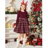 Arshiner Girls Dresses Puff Long Sleeve Rib Knit Plaid Patchwork Belted Holiday Dress with Pockets(Red Wine Plaid)