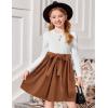 Arshiner Girls Dresses Puff Long Sleeve Rib Knit Plaid Patchwork Belted Holiday Dress with Pockets(White / Brown Corduroy)