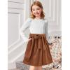 Arshiner Girls Dresses Puff Long Sleeve Rib Knit Plaid Patchwork Belted Holiday Dress with Pockets(White / Brown Corduroy)