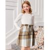 Arshiner Girls Dresses Puff Long Sleeve Rib Knit Plaid Patchwork Belted Holiday Dress with Pockets(White / Brown Plaid)