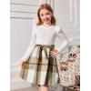 Arshiner Girls Dresses Puff Long Sleeve Rib Knit Plaid Patchwork Belted Holiday Dress with Pockets(White / Brown Plaid)