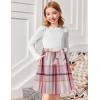 Arshiner Girls Dresses Puff Long Sleeve Rib Knit Plaid Patchwork Belted Holiday Dress with Pockets(White / Pink Plaid)