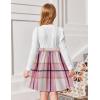 Arshiner Girls Dresses Puff Long Sleeve Rib Knit Plaid Patchwork Belted Holiday Dress with Pockets(White / Pink Plaid)