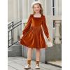 Arshiner Girls Dresses Velvet Square Neck Puff Long Sleeve Fall Winter Holiday Dress with Pockets(Burnt Orange)