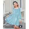 Arshiner Girls Dresses Velvet Square Neck Puff Long Sleeve Fall Winter Holiday Dress with Pockets(Light Blue)
