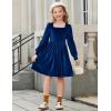 Arshiner Girls Dresses Velvet Square Neck Puff Long Sleeve Fall Winter Holiday Dress with Pockets(Navy Blue)