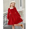 Arshiner Girls Dresses Velvet Square Neck Puff Long Sleeve Fall Winter Holiday Dress with Pockets(Red)