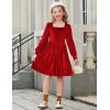 Arshiner Girls Dresses Velvet Square Neck Puff Long Sleeve Fall Winter Holiday Dress with Pockets(Red)