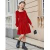 Arshiner Girls Dresses Velvet Square Neck Puff Long Sleeve Fall Winter Holiday Dress with Pockets(Red)