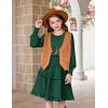 Arshiner Girls Long Sleeve Dress Boho Tiered Ruffle Hem Elegant Smocked Waist Midi Dress(Dark Green)