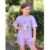 Arshiner Girls Pajama Set 3 Piece Short Sleeve Sleepwear Summer Soft Cute Pjs Outfits(Purple Cat)