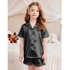 Arshiner Girls Pajamas Silk Satin Pajama Set 2 Piece Button Down Pjs Ruffle Sleepwear(Black)
