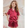 Arshiner Girls Pajamas Silk Satin Pajama Set 2 Piece Button Down Pjs Ruffle Sleepwear(Deep Red)