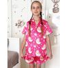 Arshiner Girls Pajamas Silk Satin Pajama Set 2 Piece Button Down Pjs Ruffle Sleepwear(Hot Pink Teddy)