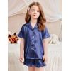Arshiner Girls Pajamas Silk Satin Pajama Set 2 Piece Button Down Pjs Ruffle Sleepwear(Navy)