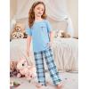 Arshiner Girls’ Sleepwear Short Sleeve Long Pants Pajamas Sets Soft Loungwear for Kids(Blue Plaid)