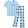 Arshiner Girls’ Sleepwear Short Sleeve Long Pants Pajamas Sets Soft Loungwear for Kids(Blue Plaid)