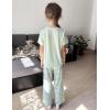 Arshiner Girls’ Sleepwear Short Sleeve Long Pants Pajamas Sets Soft Loungwear for Kids(Green Cats)