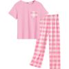 Arshiner Girls’ Sleepwear Short Sleeve Long Pants Pajamas Sets Soft Loungwear for Kids(Pink Plaid)