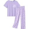 Arshiner Girls’ Sleepwear Short Sleeve Long Pants Pajamas Sets Soft Loungwear for Kids(Purple Star)