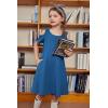 Arshiner Girls Summer Dress Short Sleeve Cold Shoulder Solid Color Swing Casual Dresses with Pockets(Deep Blue)