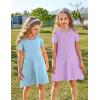 Arshiner Girls Summer Dress Short Sleeve Cold Shoulder Solid Color Swing Casual Dresses with Pockets(Light Blue)
