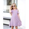 Arshiner Girls Summer Dress Short Sleeve Cold Shoulder Solid Color Swing Casual Dresses with Pockets(Lilac)