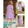 Arshiner Girls Summer Dress Short Sleeve Cold Shoulder Solid Color Swing Casual Dresses with Pockets(Lilac)
