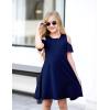 Arshiner Girls Summer Dress Short Sleeve Cold Shoulder Solid Color Swing Casual Dresses with Pockets(Navy Blue)