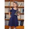 Arshiner Girls Summer Dress Short Sleeve Cold Shoulder Solid Color Swing Casual Dresses with Pockets(Navy Blue)