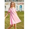 Arshiner Girls Summer Dress Short Sleeve Cold Shoulder Solid Color Swing Casual Dresses with Pockets(Pink)