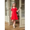 Arshiner Girls Summer Dress Short Sleeve Cold Shoulder Solid Color Swing Casual Dresses with Pockets(Red)